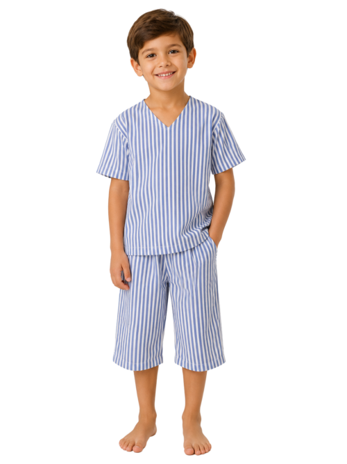 PIJAMA HOSPITALAR INFANTIL EM PERCAL AZUL LISTRAS – CONFORTO E PRATICIDADE PARA OS PEQUENOS
